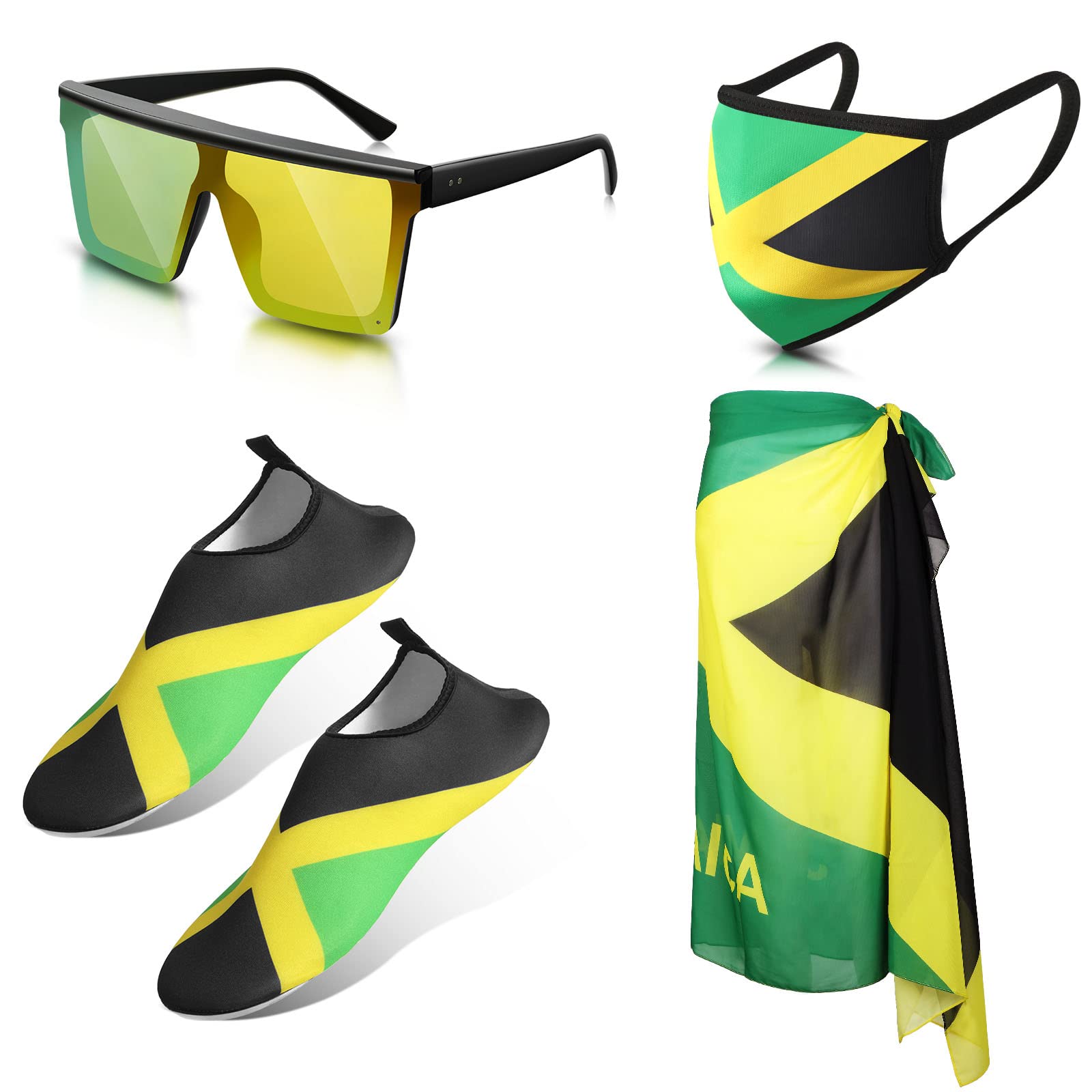 Yahenda 4 PCS Jamaican Swimsuit for Women, Include Sarong Wrap Cover Up, Water Shoe, Face Cover, Sunglasses (Women 8.5-9.5)